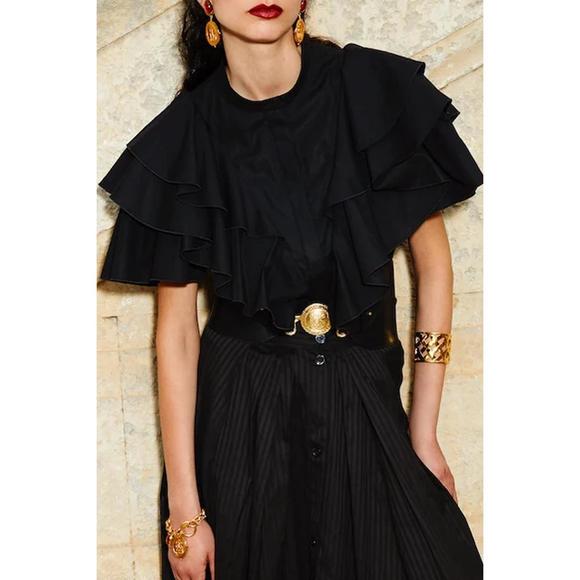 NEW PRUNE GOLDSCHMIDT emmie ruffles short sleeve shirt in black - Picture 1 of 2